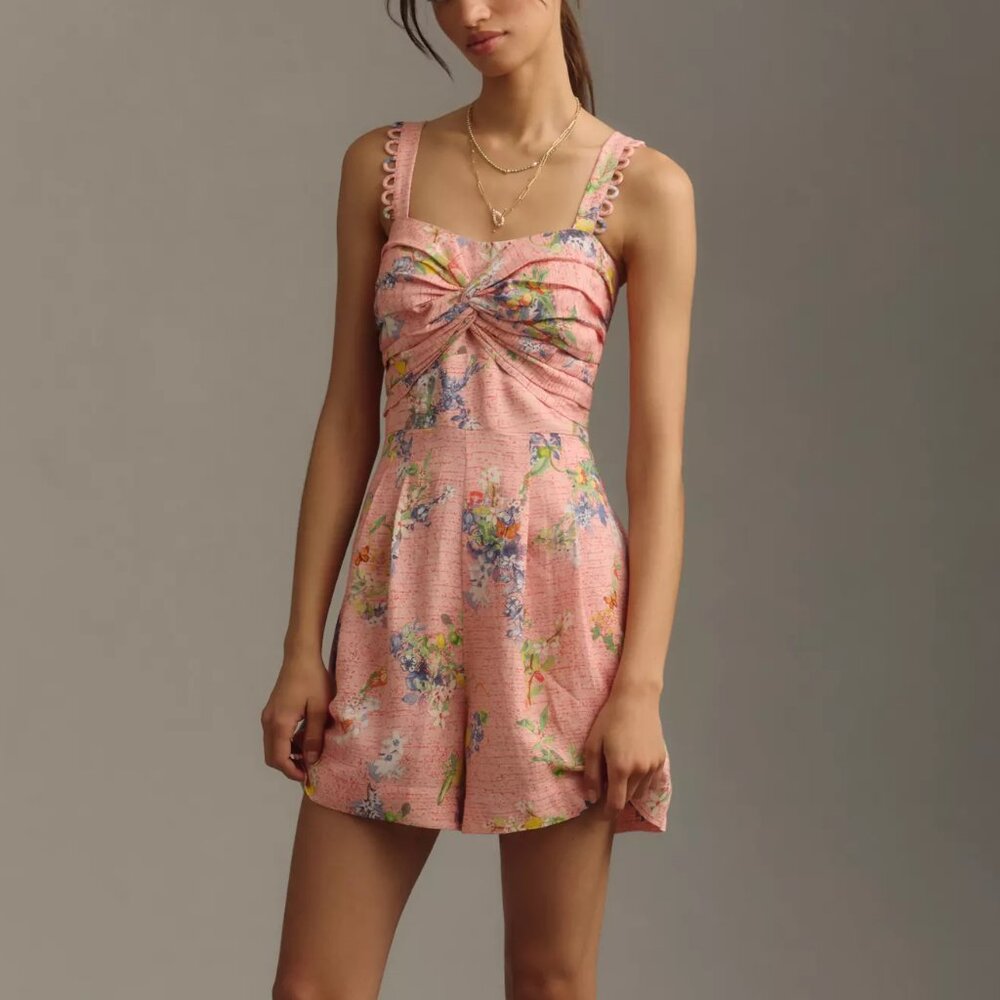 Anthropologie Ranna Gill Linen Scallop Romper Pink Combo M
